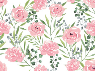 Beautiful botanical blooming flowers peonies rose foliage leaves seamless pattern design isolated