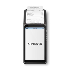 Vector 3d NFC Payment Machine with Approved Status and Paper Bill, Receipt Isolated. Wi-fi, Wireless Payment. POS Terminal, Machine Design Template, Bank Payment Contactless Terminal, Mockup. Top VIew