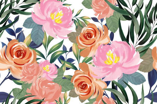Beautiful botanical blooming flowers peonies rose foliage leaves seamless pattern design isolated