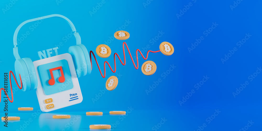 Poster 3d rendering concept nft or non fungible token for music with sound wave on and bitcoin on blue back