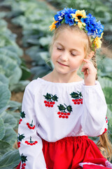 Child girl in traditional Ukrainian vyshyvanka and blue-yellow wreath of flowers against the background of cabbage field. Viburnum on children's clothes. Independence Day of Ukraine. Agriculture