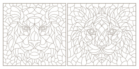 A set of contour illustrations in the style of stained glass with abstract tigers, dark contours on a white background