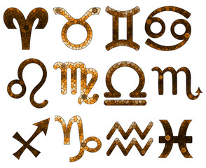 A set of illustrations in the style of stained glass with zodiac signs, icons isolated on a white background, tone brown