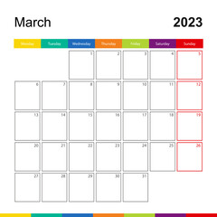 March 2023 colorful wall calendar, week starts on Monday.
