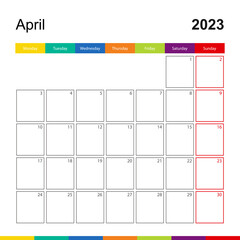 April 2023 colorful wall calendar, week starts on Monday.