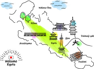 手描きの京都の観光地のシンプル線画イラストマップ