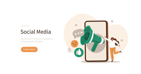 Social media marketing. Characters communicating with audience in social media and using marketing strategy to increase followers. Digital marketing and media concept. Vector illustration.