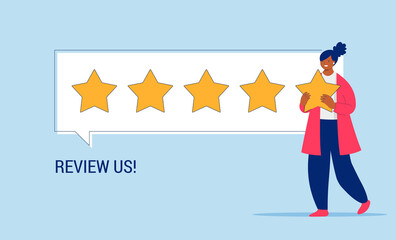 Woman giving review rating and feedback. Customer choice and employee feedback. Rank rating stars feedback. Business satisfaction support. 