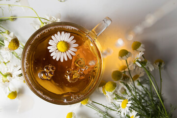 Drops of chamomile tea fall into a transparent mug in the sunlight