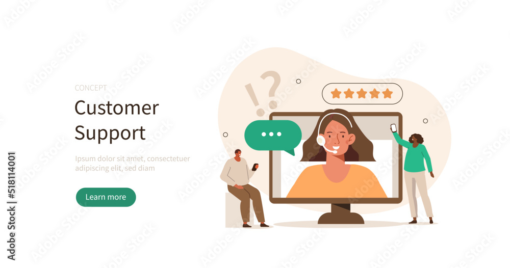 Poster customer support. characters talking with helpdesk or call center operator and leaving positive feed