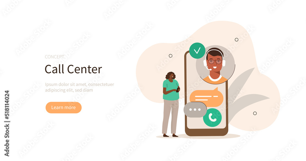 Poster customer support. characters talking and chatting with helpdesk or call center operator on smartphon