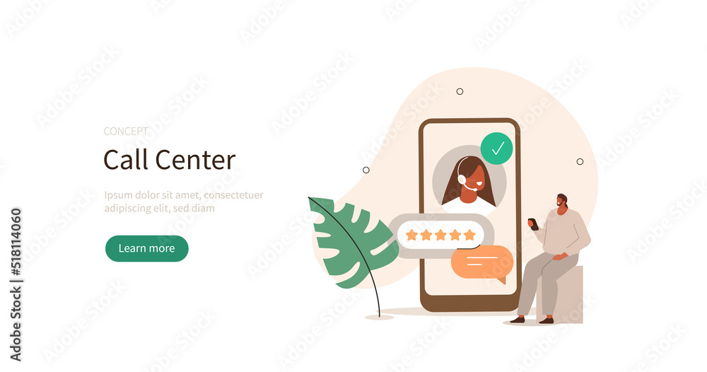 Poster customer support. characters chatting with helpdesk or call center operator on smartphone and leavin