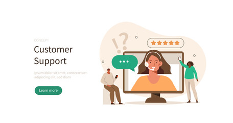 Customer support. Characters talking with helpdesk or call center operator and leaving positive feedback. User experience concept. Vector illustration.