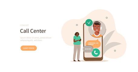 Customer support. Characters talking and chatting with helpdesk or call center operator on smartphone and receiving answers. User experience concept. Vector illustration.

