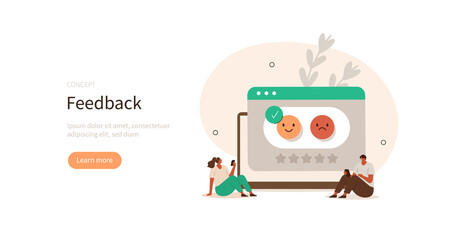 Feedback and review. Characters choosing emoji to show positive or negative satisfaction rating. Customer service and user experience concept. Vector illustration.