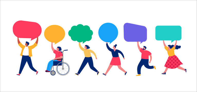 People holding colorful speech bubbles, giving review rating and feedback. Customer choice and employee feedback. Rank rating stars feedback. Business satisfaction support. 