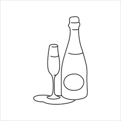 Сhampagne bottle and glass outline icon on white background. Black white cartoon sketch graphic design. Doodle style. Hand drawn image. Party drinks concept. Freehand drawing style