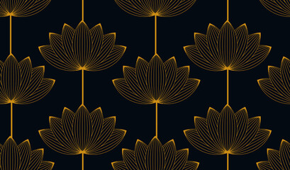 asian style lotus flower seamless pattern in gold on black - 518114651
