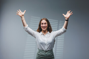 Smiling woman in white shirt recommends opt for advertising index finger to side on workspace, commercial promo area, copy space mockup isolated on white background