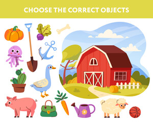 Educational game for children. Landscape with farm and barn. Agricultural animals and plants. Pig, goose, shovel and lamb. Design for book. Choose correct objects. Cartoon flat vector illustration
