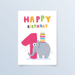 template postcard one years with elephant. greeting card birthday