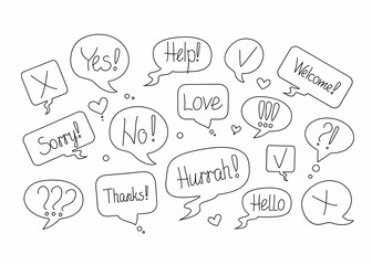 Phrases of conversation in bubbles. Online chat clouds with various words, comments, information forms. Suitable for illustrating reactions. Vector illustration, doodle drawings with text.
