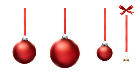 Red Christmas bauble tree decorations with other design elements isolated against a white...