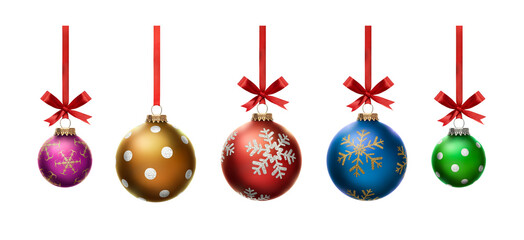 Blue, green, gold, pink and red Christmas bauble tree decorations isolated against a white...