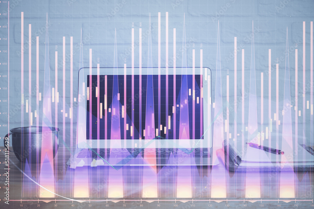 Poster Stock market graph and table with computer background. Multi exposure. Concept of financial analysis.