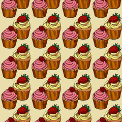 Seamless pattern with hand drawn pink and yellow cupcakes