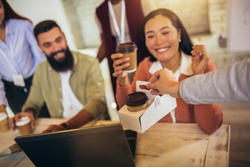 Happy diverse colleagues have fun at lunch break in office, smiling multiracial employees laugh and talk  drinking coffee