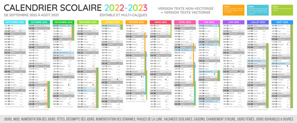 Calendrier scolaire 2022 - 2023. Fichier éditable et multi-calques