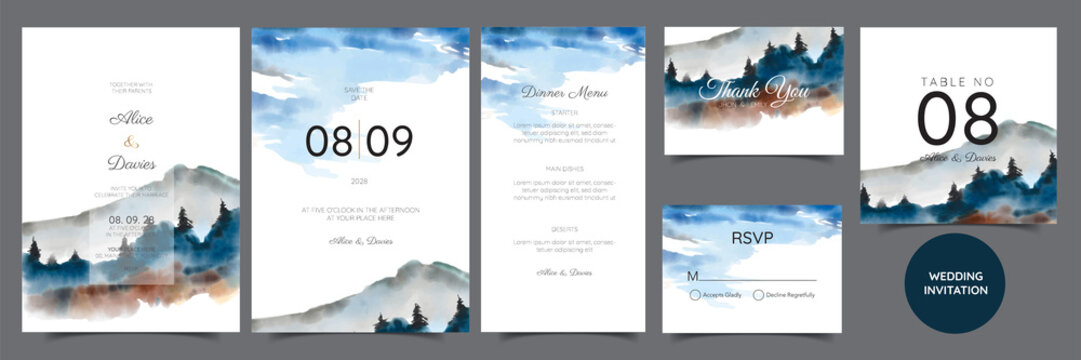 wedding invitation with mountain view watercolor background	
