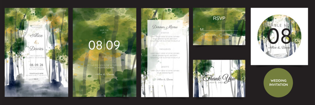 wedding invitations, watercolor mountains, forest