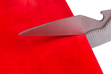 scissors cut isolated on white background red ribbon paper