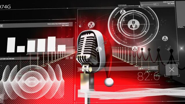 Animation of digital interface over microphone on red carpet