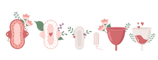 Menstrual hygiene kit for women. Flat style illustration of pads, tampons, menstrual cups. Vector