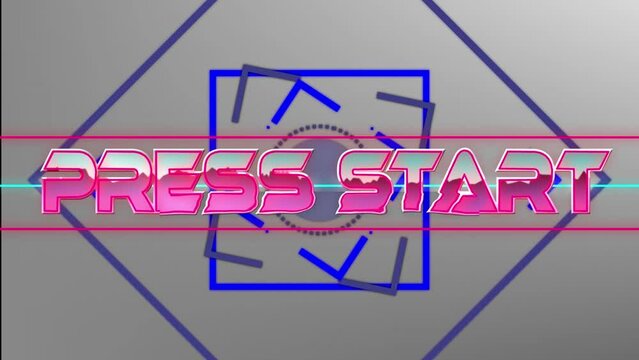 Animation of press start text over neon geometrical shapes on grey background