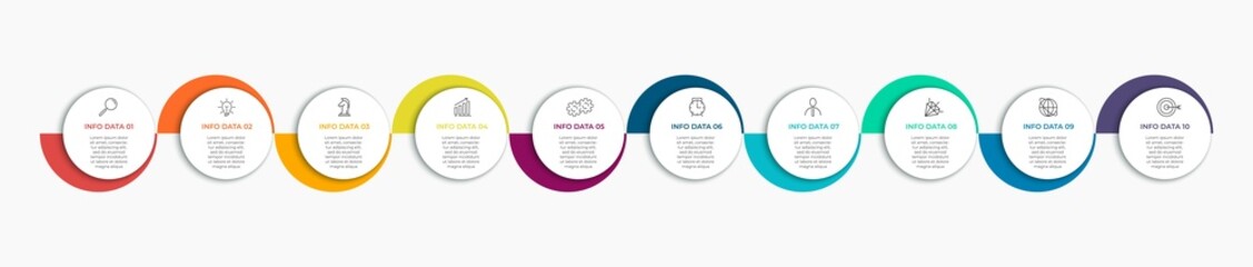 Business Infographics template. Timeline with 10 steps, options and marketing icons .Vector linear infographic with two circle conected elements. Can be use for presentation.
