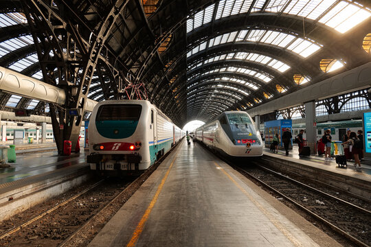 Intercity fast train part of Trenitalia company from Italy photographed in Milan rail station. Transportation industry in Italy, 2022.