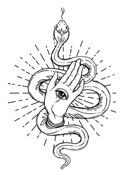 recommend clip art: Magic hand and snake. Fortune telling concept. Spiritual Palmistry symbol logo and temporary tattoo. Esoteric mystical black silhouette serpent for magic witch craft. Vector outline illustration.