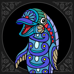 Colorful dolphin zentangle arts isolated on black background