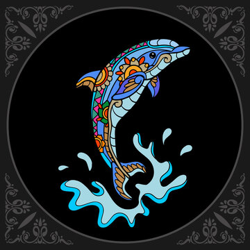 Colorful dolphin zentangle arts isolated on black background