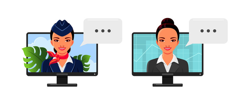 Asian girls portraits, stewardess and business woman on computer screen. Vector cartoon set of female characters, air hostess in uniform and businesswoman, trader, manager or realtor with graph