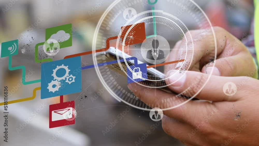 Poster animation of network of connections and globe over person using smartphone