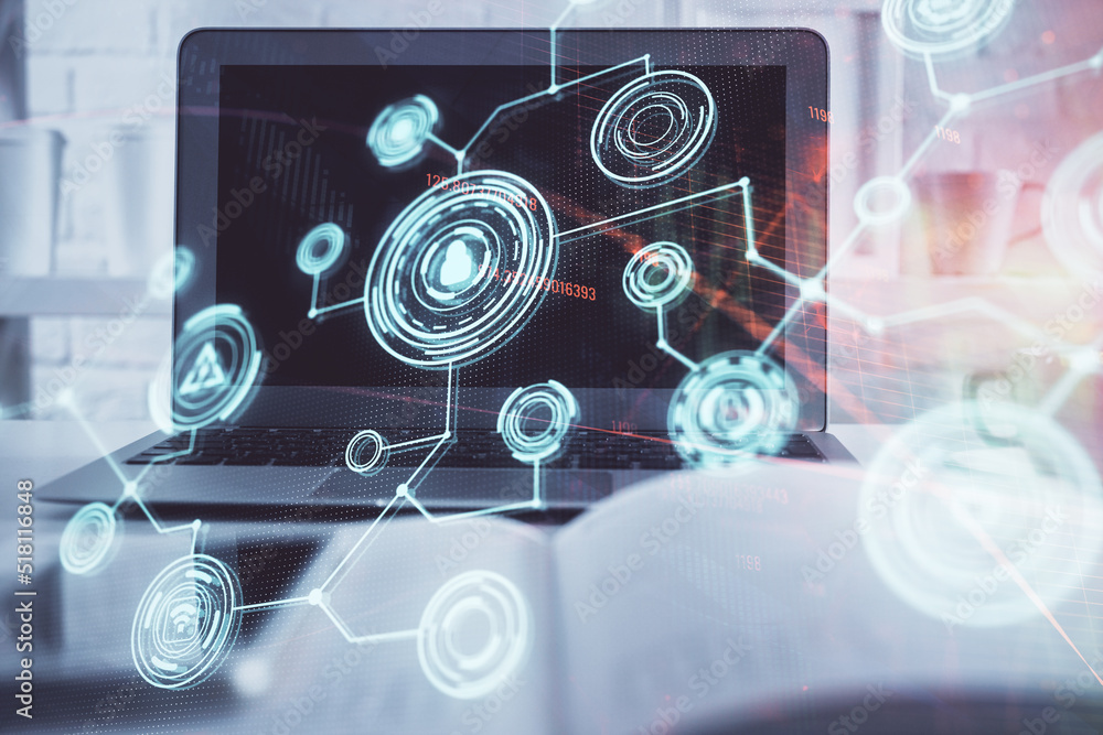 Poster computer on desktop with social network theme icon. multi exposure. concept of international connect