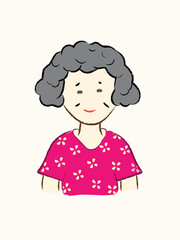 Middle age smiling female with curly hairstyle and short pink shirt in vector flat illustration