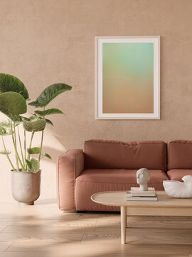 3d render of a Poster frame mock-up in a boho earthy home interior background with lounge sofa, table and decor in living room,	
