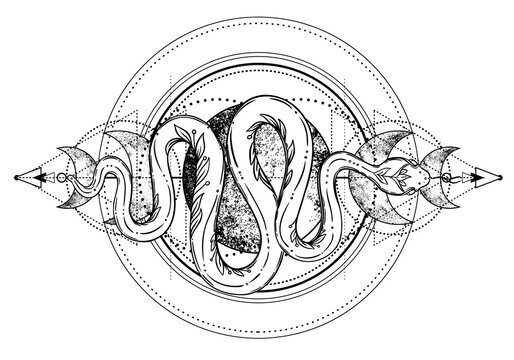 Snake and triple moon phases. Sacred geometry, celestial pagan Wiccan goddess symbol. Magic wicca witch sign, energy circle, boho style, vector isolated on white background