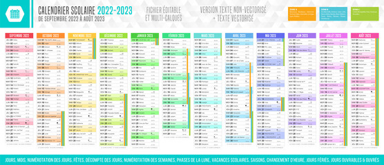 Calendrier scolaire 2022 - 2023. Fichier éditable et multi-calques